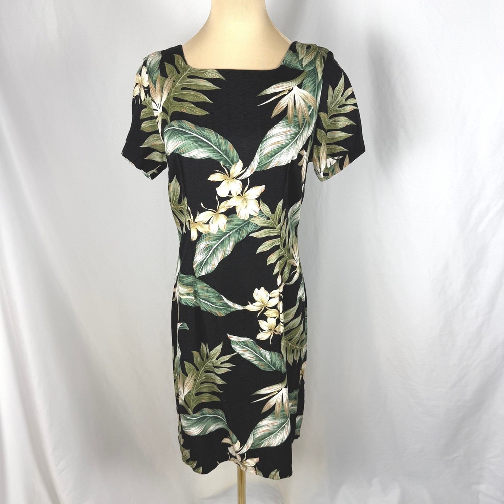 Vintage 90s Hilo Hattie Black Tropical Print Rayon Sheath Dress EUC Aloha